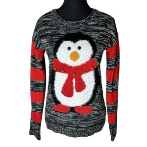 Ugly Christmas Sweater Knit Embellish Penguin Jingle Bells Red Black Grey Medium